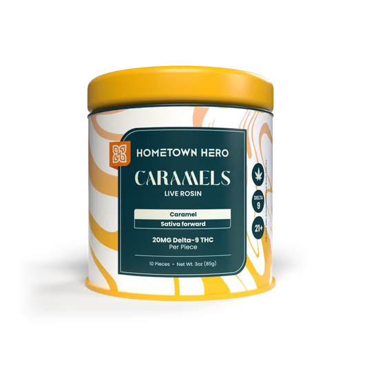 Hometown Hero 20mg/pc Delta 9 Caramels 10ct Tins