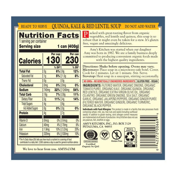 Amy's Organic Quinoa, Kale & Red Lentil Soup - 1 can (14.4 oz/ 408 gm)