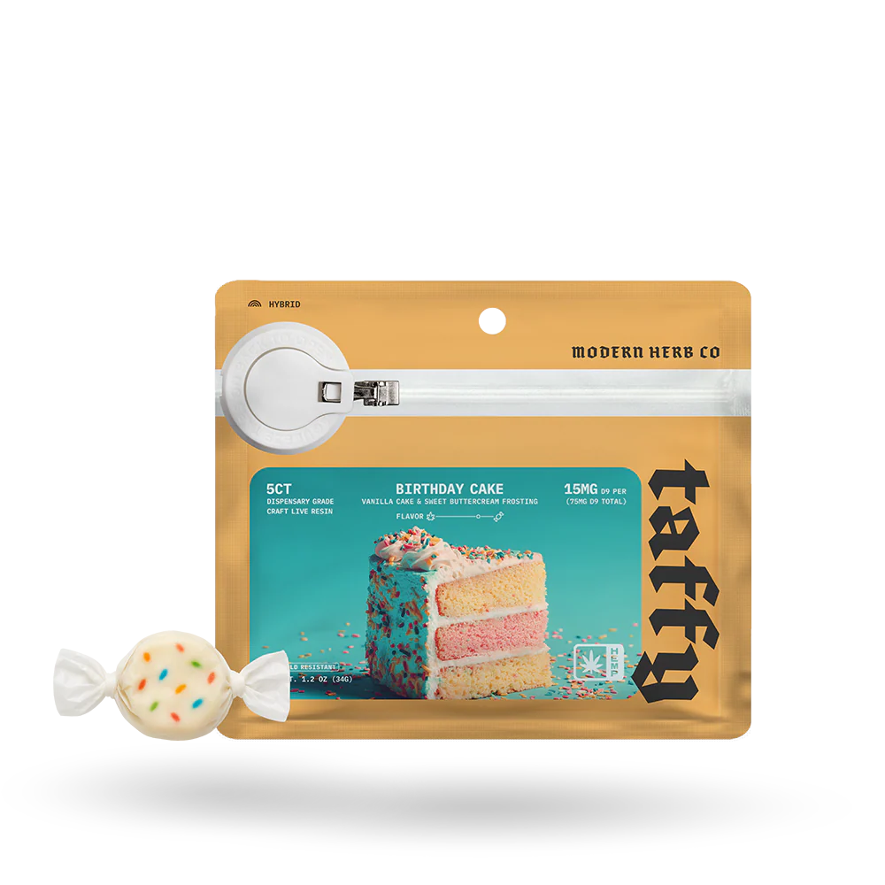 Modern Hemp Co Live Resin D9 Taffy: Birthday Cake (Hybrid), 5ct (Ordering More)