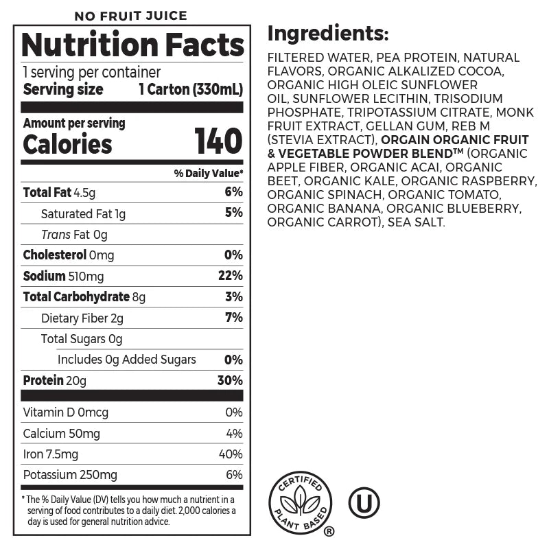 Orgain plant based chocolate protein shake - 20 g of protein